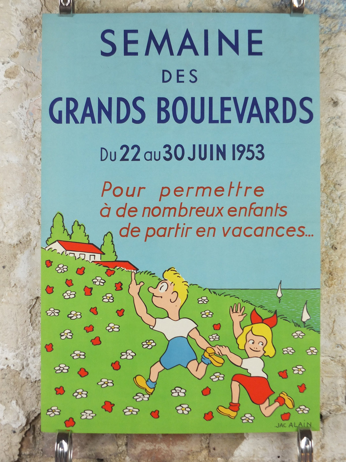 1953 Children on Holiday Poster, bright and colourful French art for the "Grand Boulevards Week, for children's vacations, wall art decor
