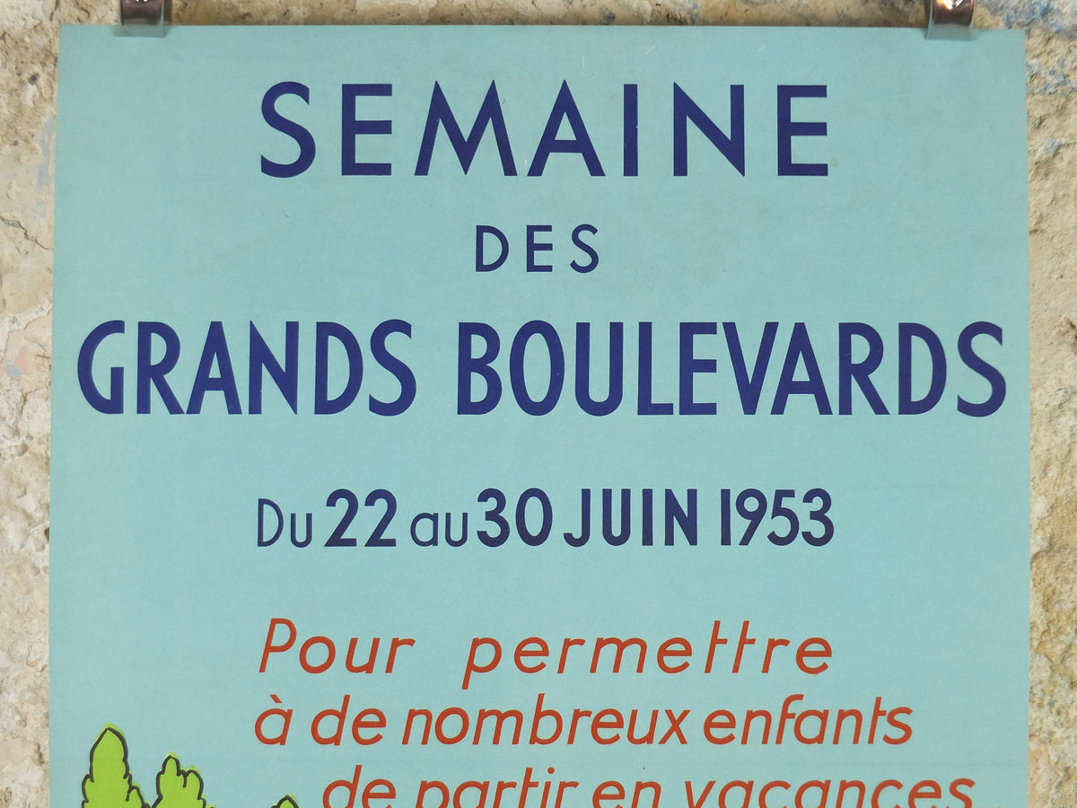 1953 Children on Holiday Poster, bright and colourful French art for the "Grand Boulevards Week, for children's vacations, wall art decor