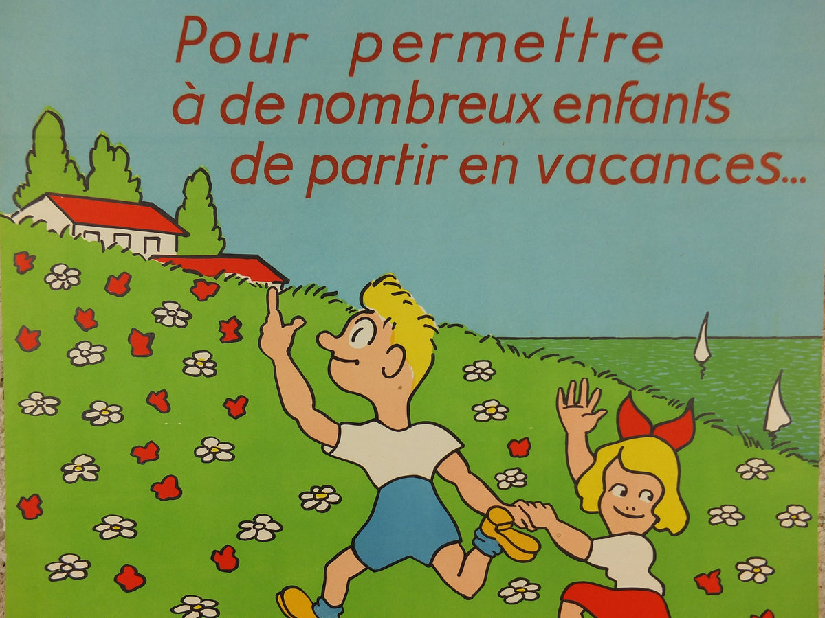 1953 Children on Holiday Poster, bright and colourful French art for the "Grand Boulevards Week, for children's vacations, wall art decor