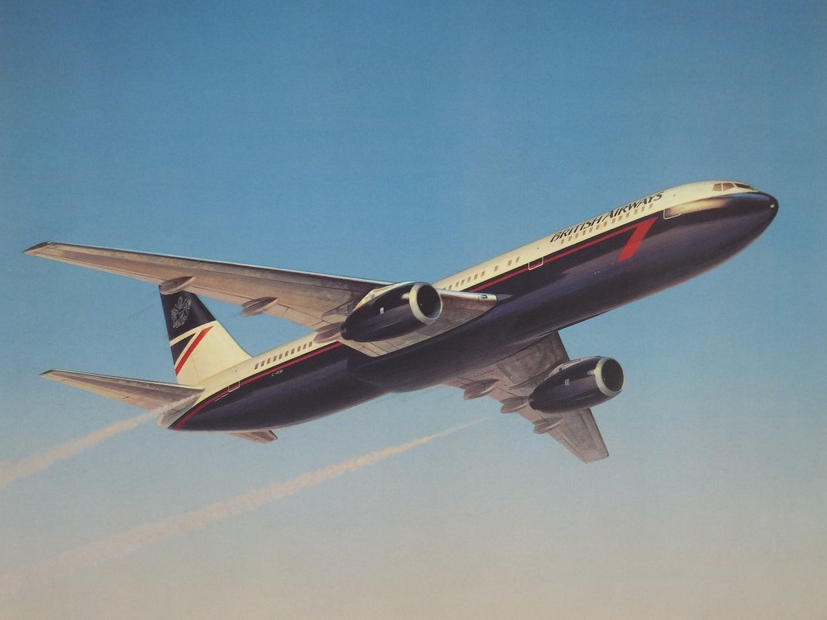 1989 British Airways Poster, Boeing 767, by Roy Huxley, BA Aviation aircraft aeroplane plane, travel wall art decor