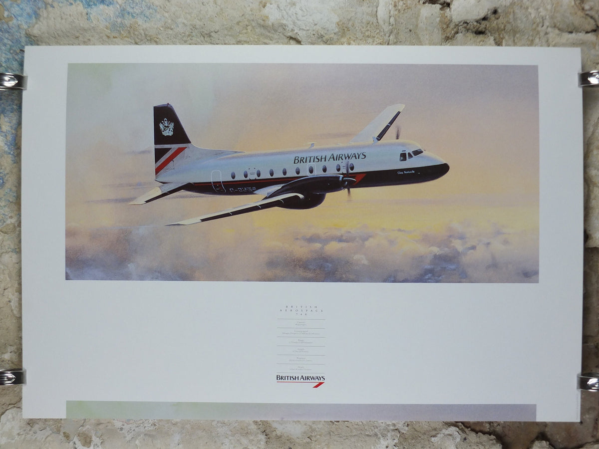 1989 British Airways Poster, British Aerospace BAC 748, by Roy Huxley, BA Aviation aircraft aeroplane plane, travel wall art decor