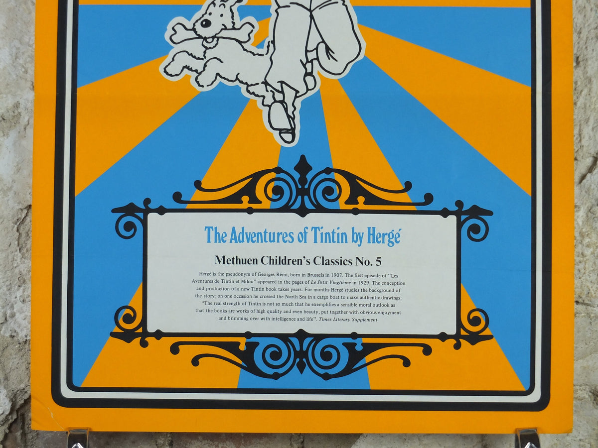 1970s Tintin Poster, The Adventures of Tintin by Herge, Methuen Childrens Classics No 5, orange blue, comic book, wall art decor