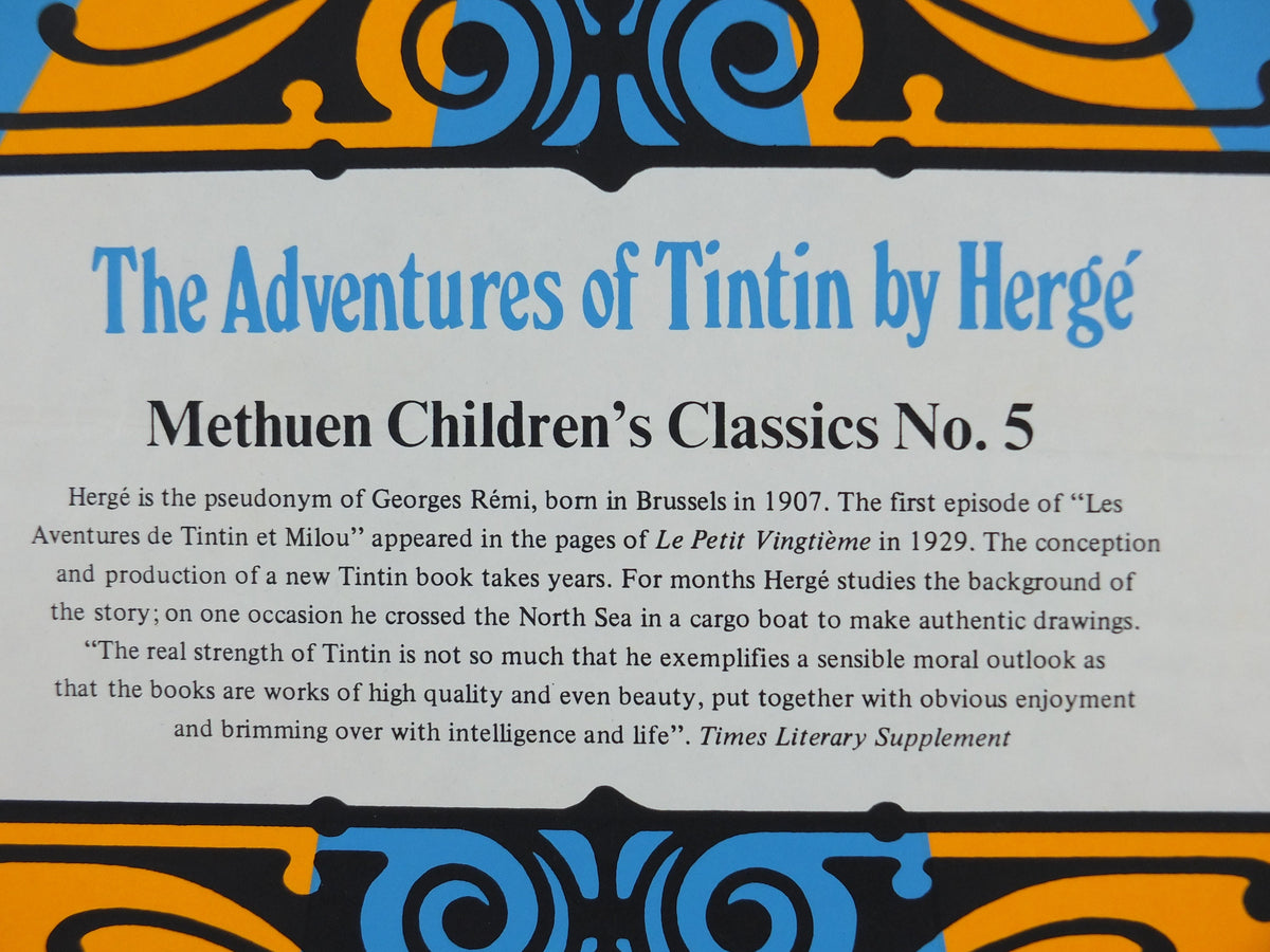 1970s Tintin Poster, The Adventures of Tintin by Herge, Methuen Childrens Classics No 5, orange blue, comic book, wall art decor