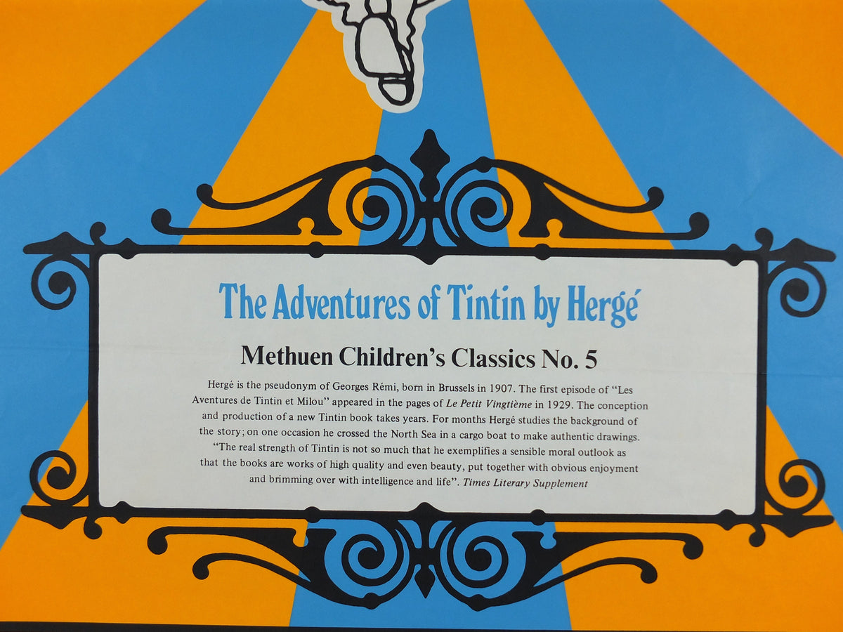 1970s Tintin Poster, The Adventures of Tintin by Herge, Methuen Childrens Classics No 5, orange blue, comic book, wall art decor