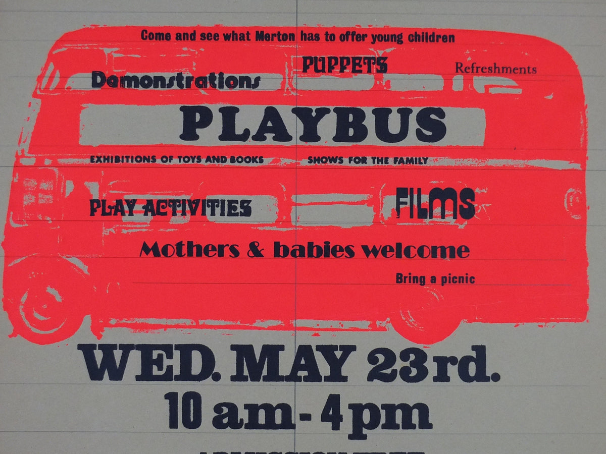 Merton Playbus Poster, Under 5s Day, The Cannons, Madeira Road, Mitchem, May 23, fluorescent pink, print lithograph wall art decor