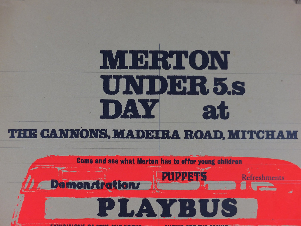 Merton Playbus Poster, Under 5s Day, The Cannons, Madeira Road, Mitchem, May 23, fluorescent pink, print lithograph wall art decor