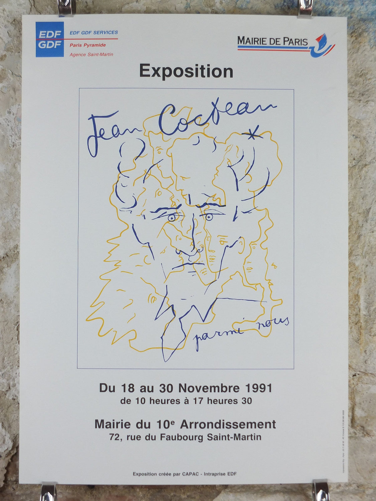 1991 Jean Cocteau Poster, Parmi Nous, Portrait Face Profile, Mairie de Paris, surrealist avant-garde Dada, gallery exhibition wall art decor