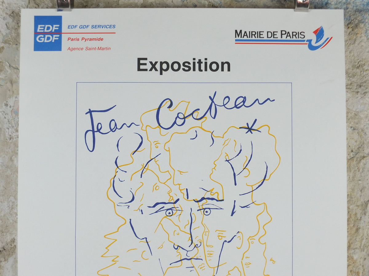 1991 Jean Cocteau Poster, Parmi Nous, Portrait Face Profile, Mairie de Paris, surrealist avant-garde Dada, gallery exhibition wall art decor