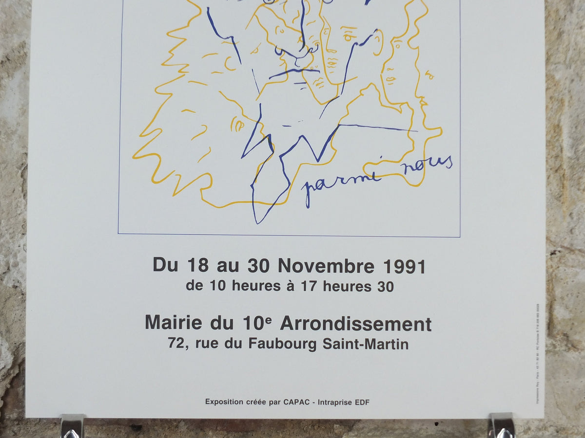 1991 Jean Cocteau Poster, Parmi Nous, Portrait Face Profile, Mairie de Paris, surrealist avant-garde Dada, gallery exhibition wall art decor