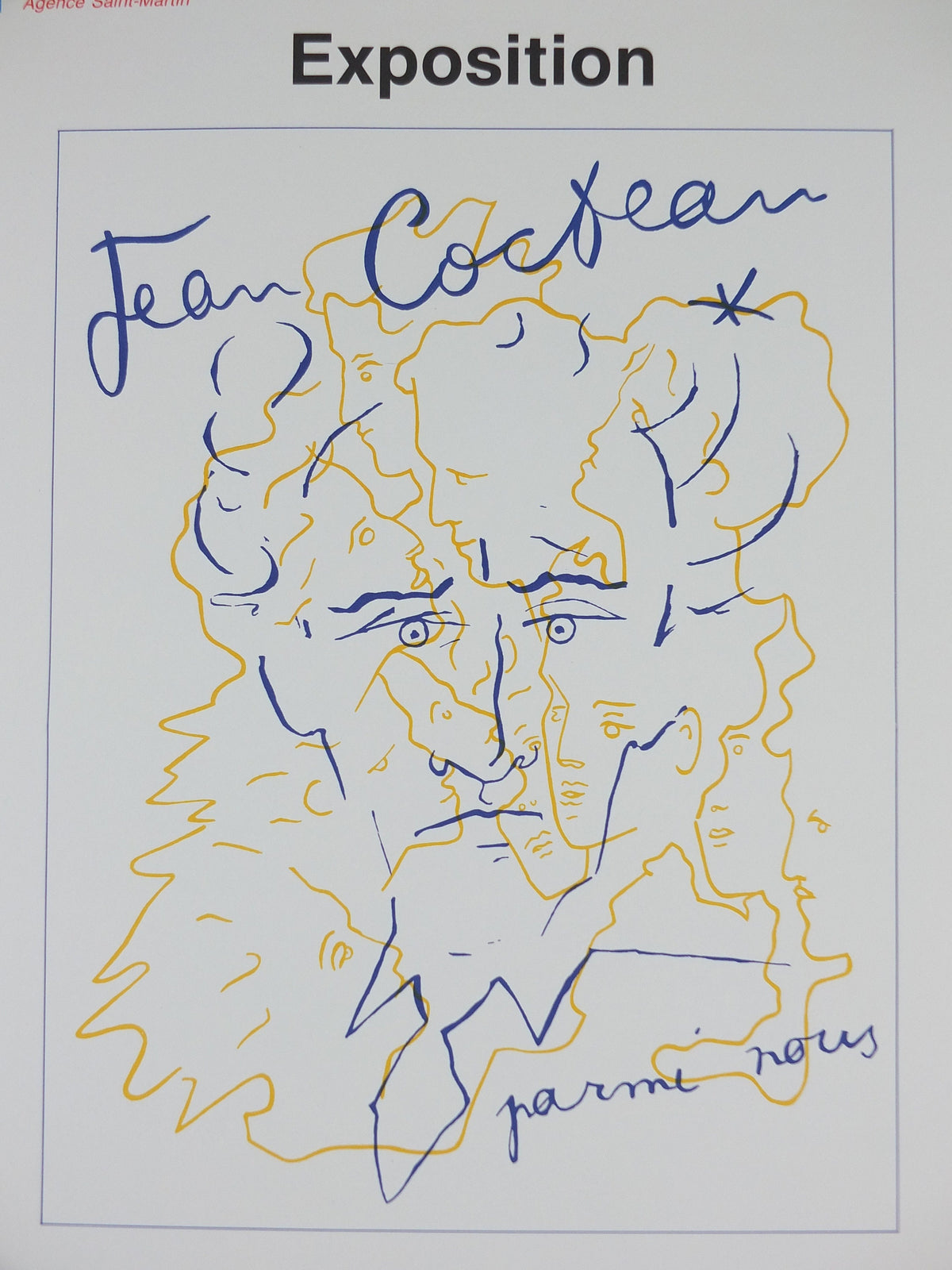 1991 Jean Cocteau Poster, Parmi Nous, Portrait Face Profile, Mairie de Paris, surrealist avant-garde Dada, gallery exhibition wall art decor