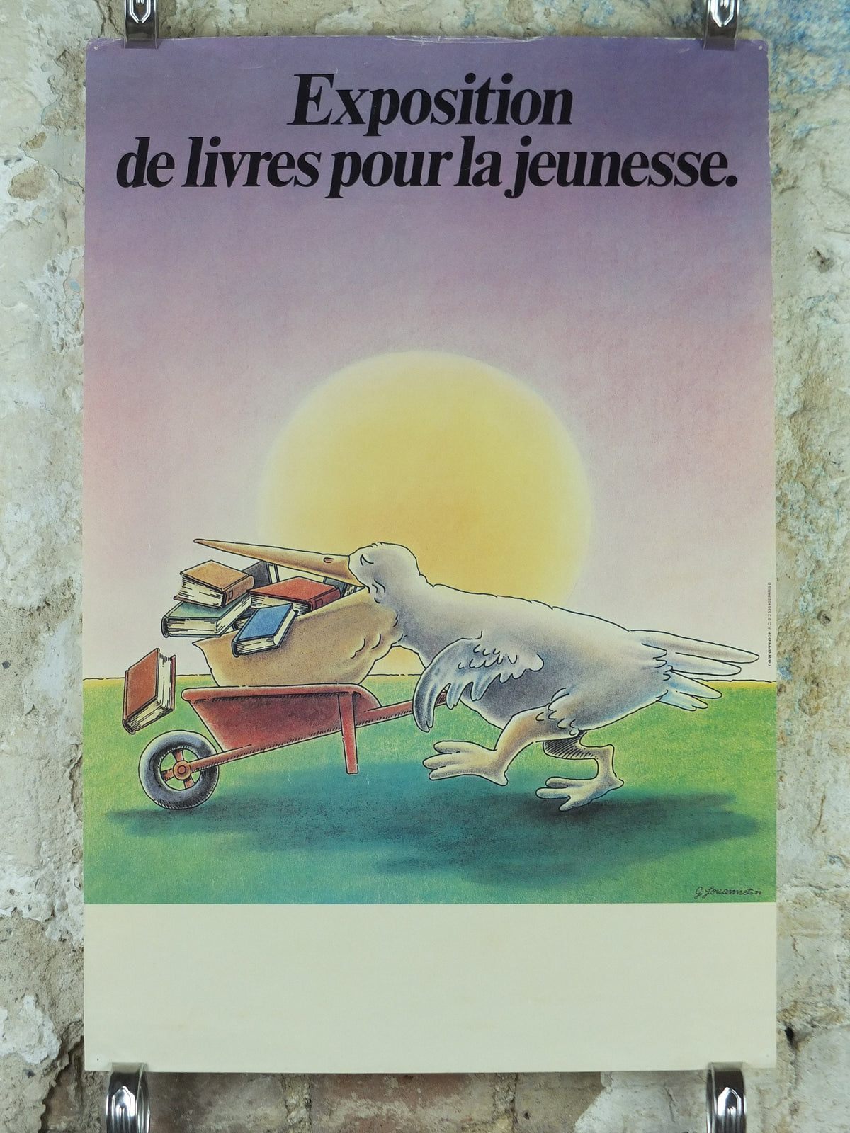 1979 Children's book exhibition Poster, pelican with books in bill and wheelbarrow by Gerard Jouannet, wall art decor