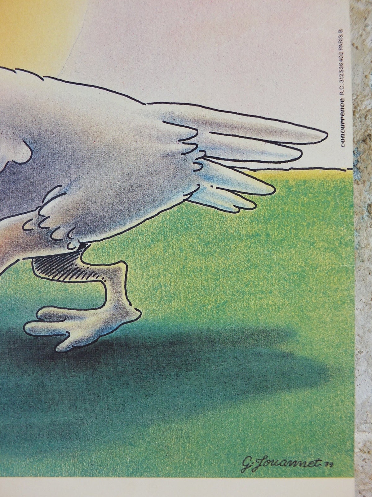 1979 Children's book exhibition Poster, pelican with books in bill and wheelbarrow by Gerard Jouannet, wall art decor