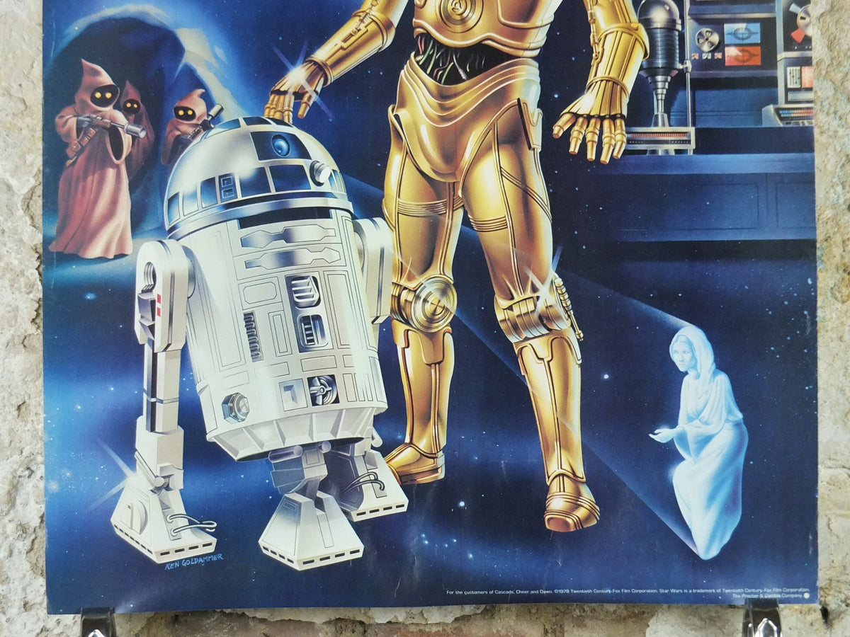1978 Star Wars Poster, Proctor & Gamble, See Threepio C3PO, Artoo Deetoo R2D2, Princess Leia, advertising Cascade Cheer Dawn, wall art decor