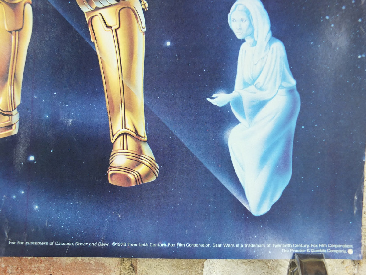 1978 Star Wars Poster, Proctor & Gamble, See Threepio C3PO, Artoo Deetoo R2D2, Princess Leia, advertising Cascade Cheer Dawn, wall art decor