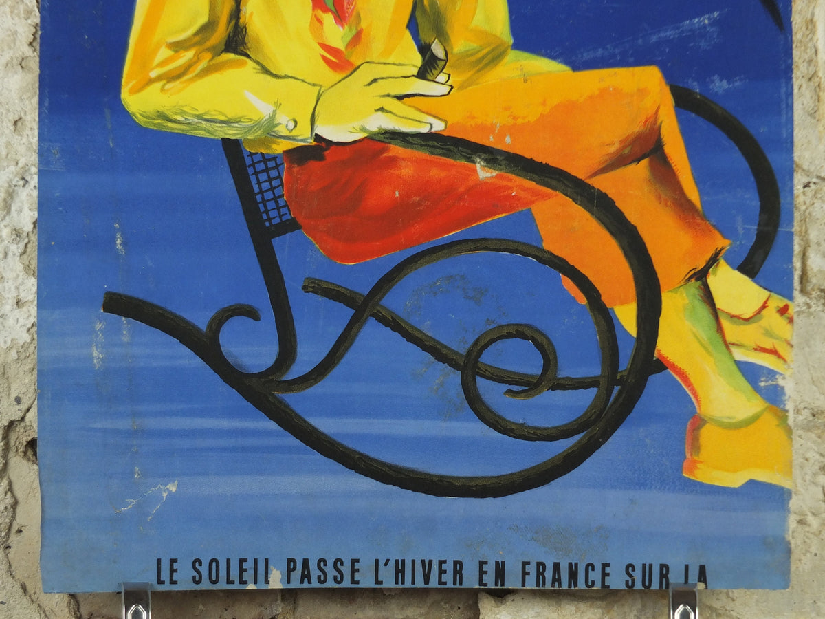 1950s Sun French Riviera Poster, trimmed travel poster from Côte d'Azur, by Jacques Dubois, sitting sun, blue & yellow, wall art retro decor