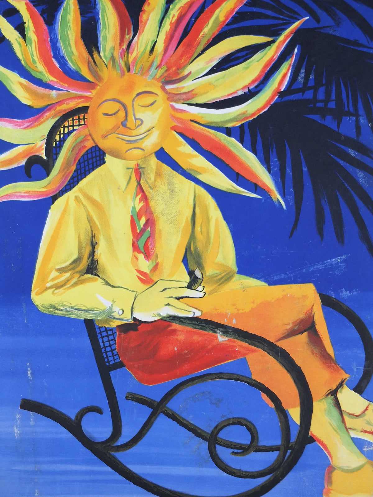 1950s Sun French Riviera Poster, trimmed travel poster from Côte d'Azur, by Jacques Dubois, sitting sun, blue & yellow, wall art retro decor