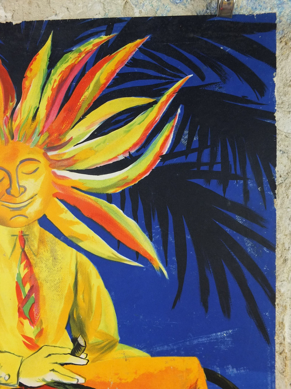 1950s Sun French Riviera Poster, trimmed travel poster from Côte d'Azur, by Jacques Dubois, sitting sun, blue & yellow, wall art retro decor