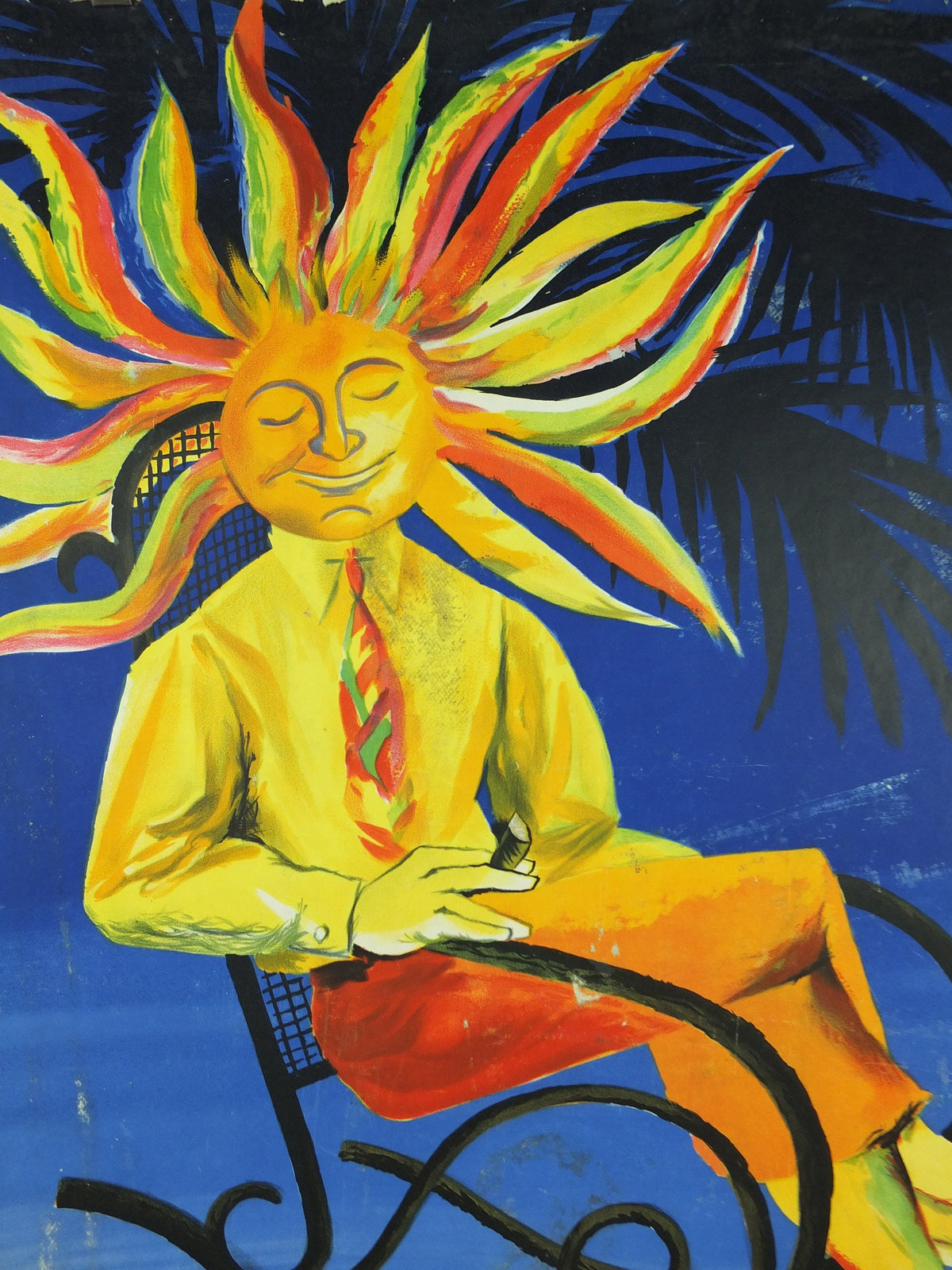 1950s Sun French Riviera Poster, trimmed travel poster from Côte d'Azur, by Jacques Dubois, sitting sun, blue & yellow, wall art retro decor