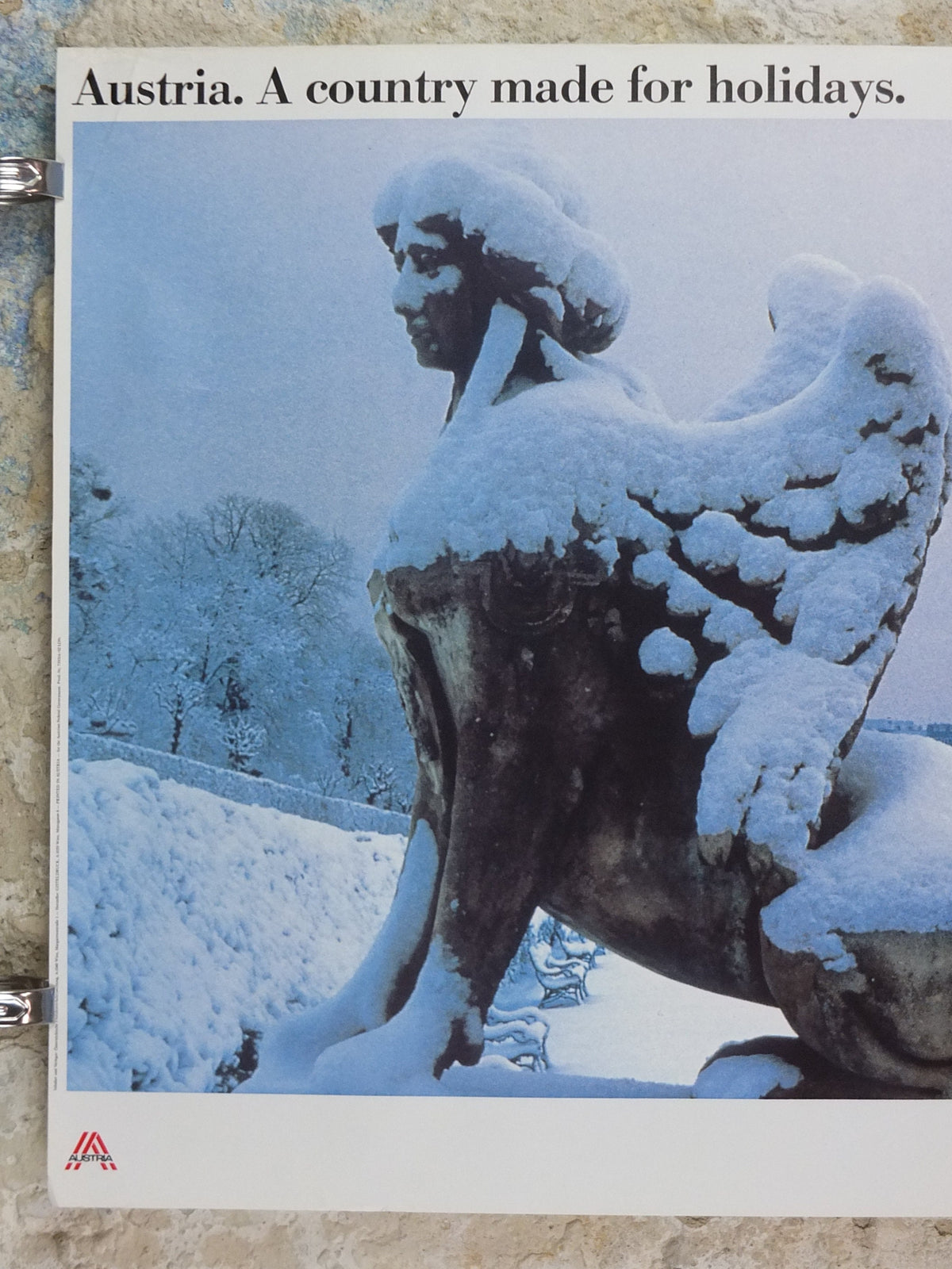 1990s Austrian Winter Poster, winged sphinx statue at Winter Palace published by Austrian Federal Government, travel tourism, wall art decor