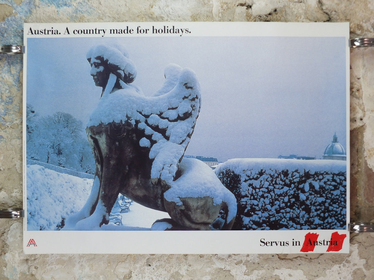 1990s Austrian Winter Poster, winged sphinx statue at Winter Palace published by Austrian Federal Government, travel tourism, wall art decor