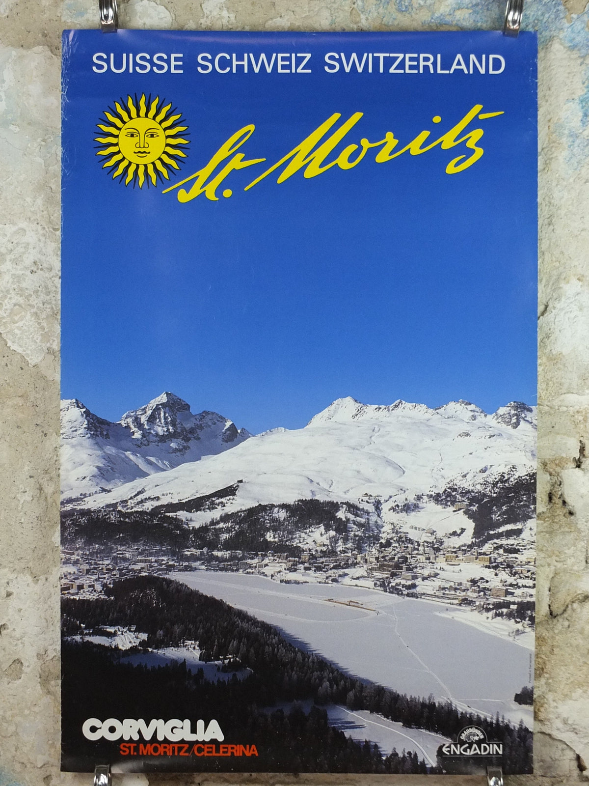 1968 St Moritz Skiing Poster, Engadin, Corviglia Celerina, Snow, Switzerland, Suisse, Schweiz, mountain tourism ski vacation wall art decor