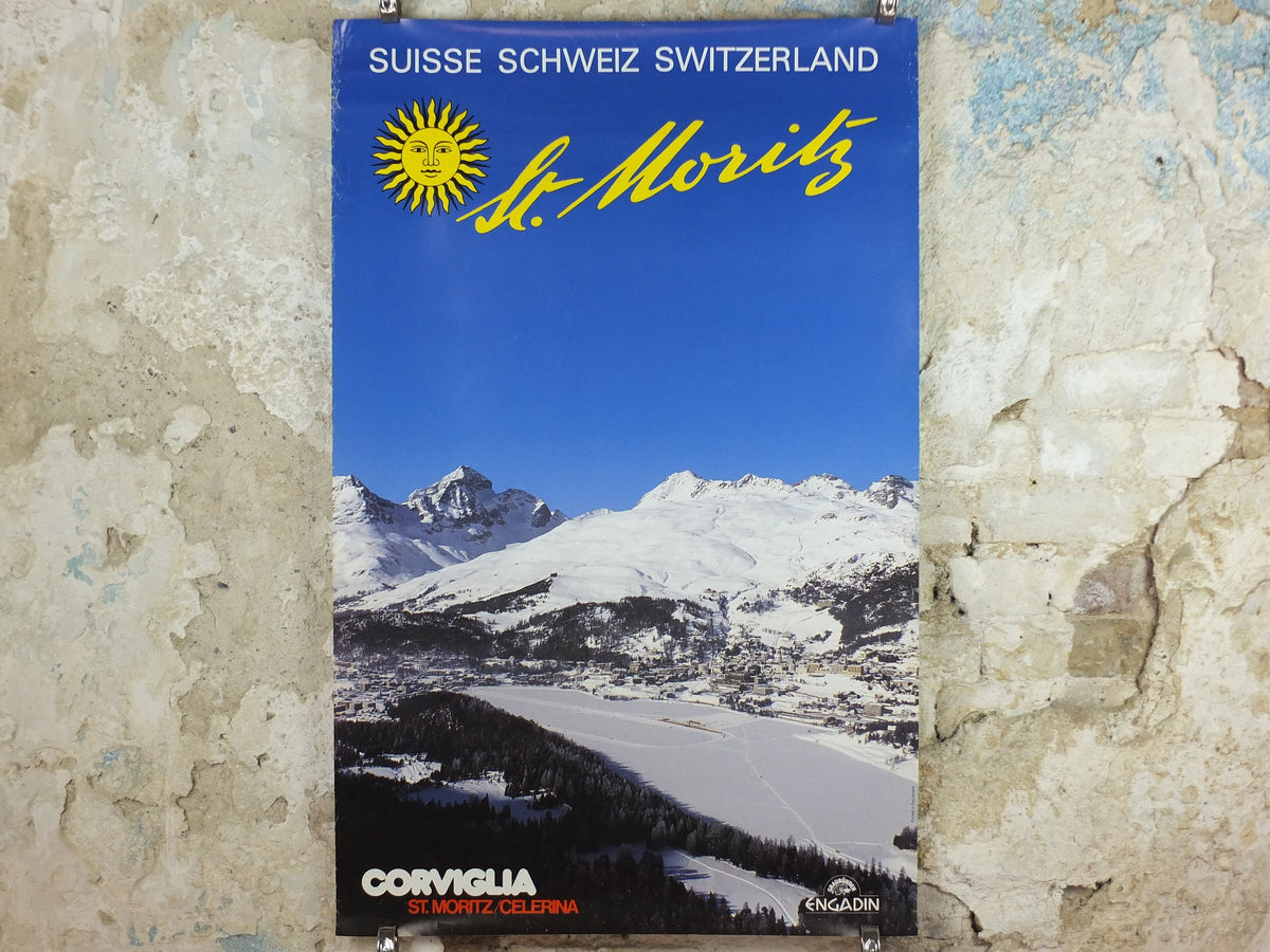 1968 St Moritz Skiing Poster, Engadin, Corviglia Celerina, Snow, Switzerland, Suisse, Schweiz, mountain tourism ski vacation wall art decor