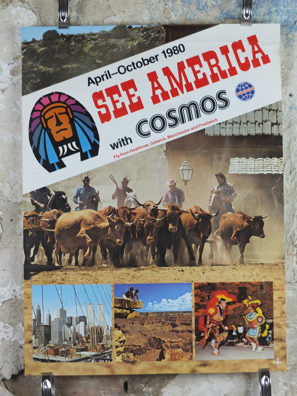 1980 USA Travel Poster, Cosmos Tours, United States of America, New York, ranch, Grand Canyon, tourism vacation wall art decor