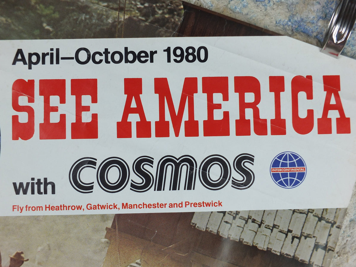 1980 USA Travel Poster, Cosmos Tours, United States of America, New York, ranch, Grand Canyon, tourism vacation wall art decor