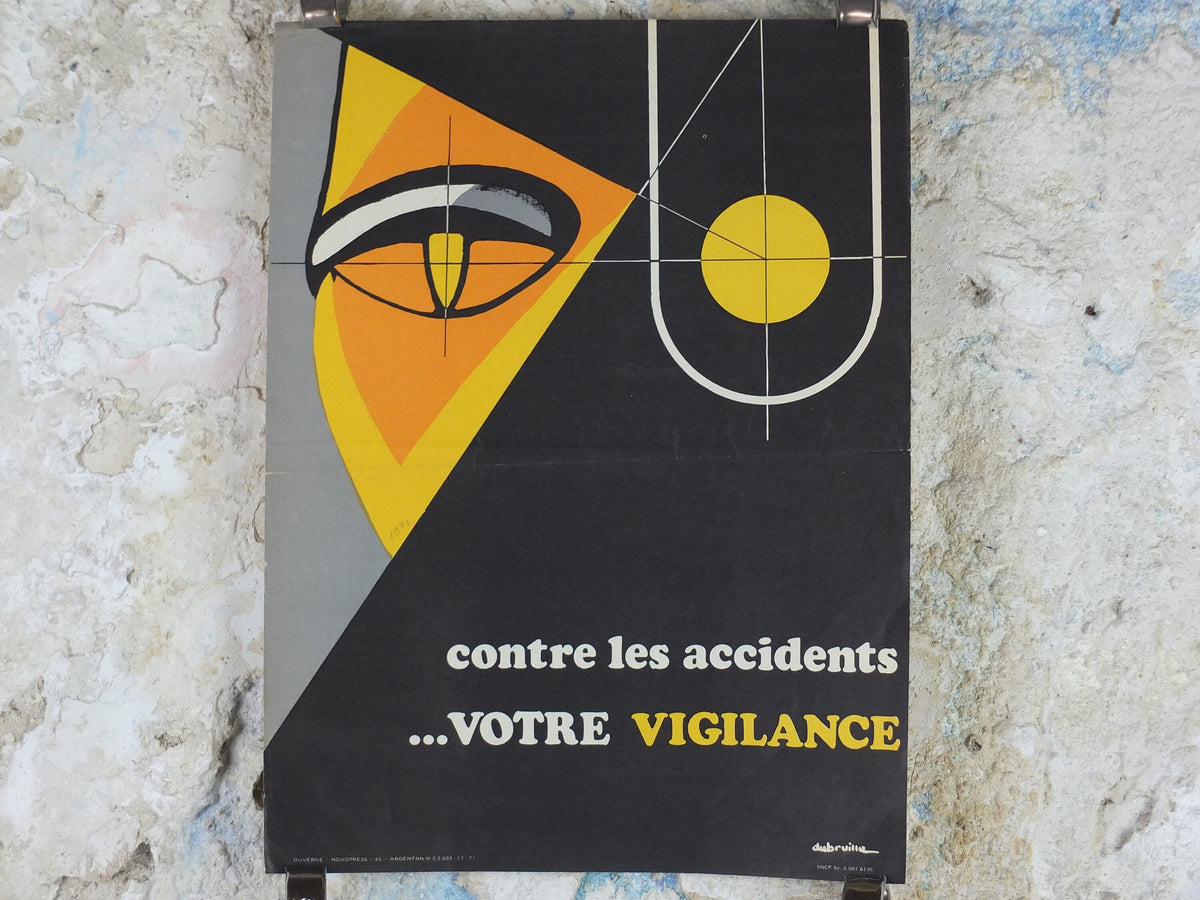 1950s Vintage SNCF French safety poster, Watching eyes, vigilance, by Dubruille, industrial, train rail dangers, retro wall art decor