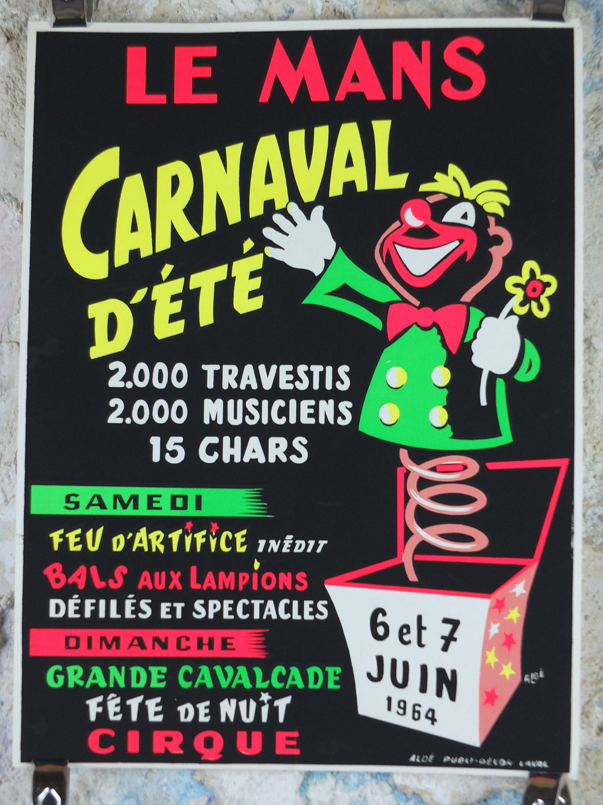 1964 Le Mans Carnival Poster, luminous Jack-in-a-box, glow in the dark, by Aloe, Circus entertainment, Cirque Carnaval, retro wall art decor