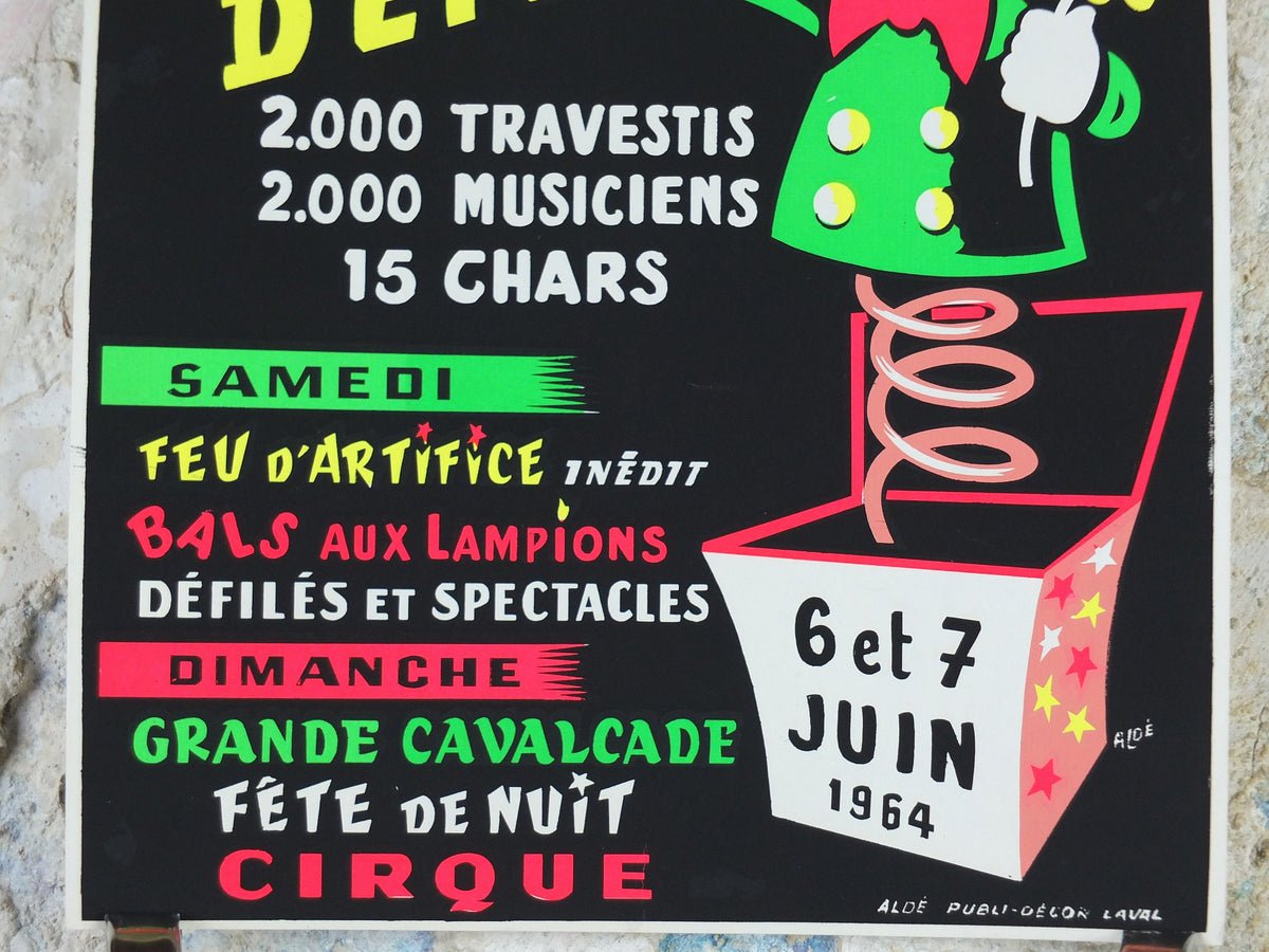 1964 Le Mans Carnival Poster, luminous Jack-in-a-box, glow in the dark, by Aloe, Circus entertainment, Cirque Carnaval, retro wall art decor