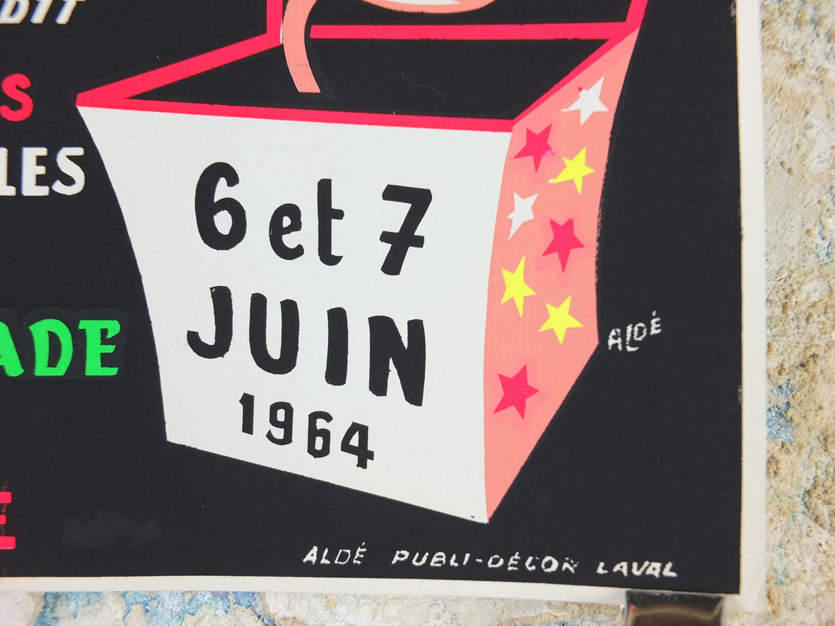 1964 Le Mans Carnival Poster, luminous Jack-in-a-box, glow in the dark, by Aloe, Circus entertainment, Cirque Carnaval, retro wall art decor