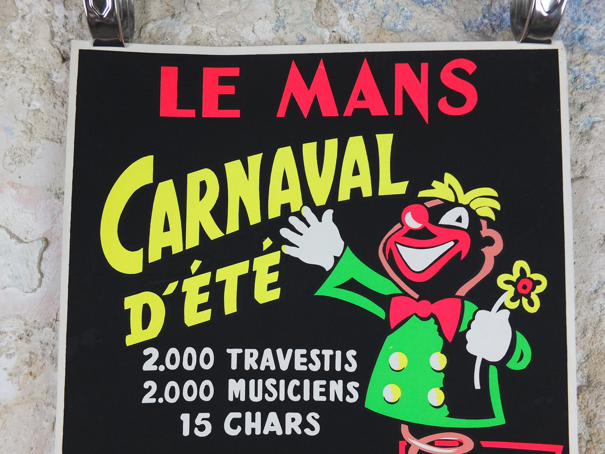 1964 Le Mans Carnival Poster, luminous Jack-in-a-box, glow in the dark, by Aloe, Circus entertainment, Cirque Carnaval, retro wall art decor