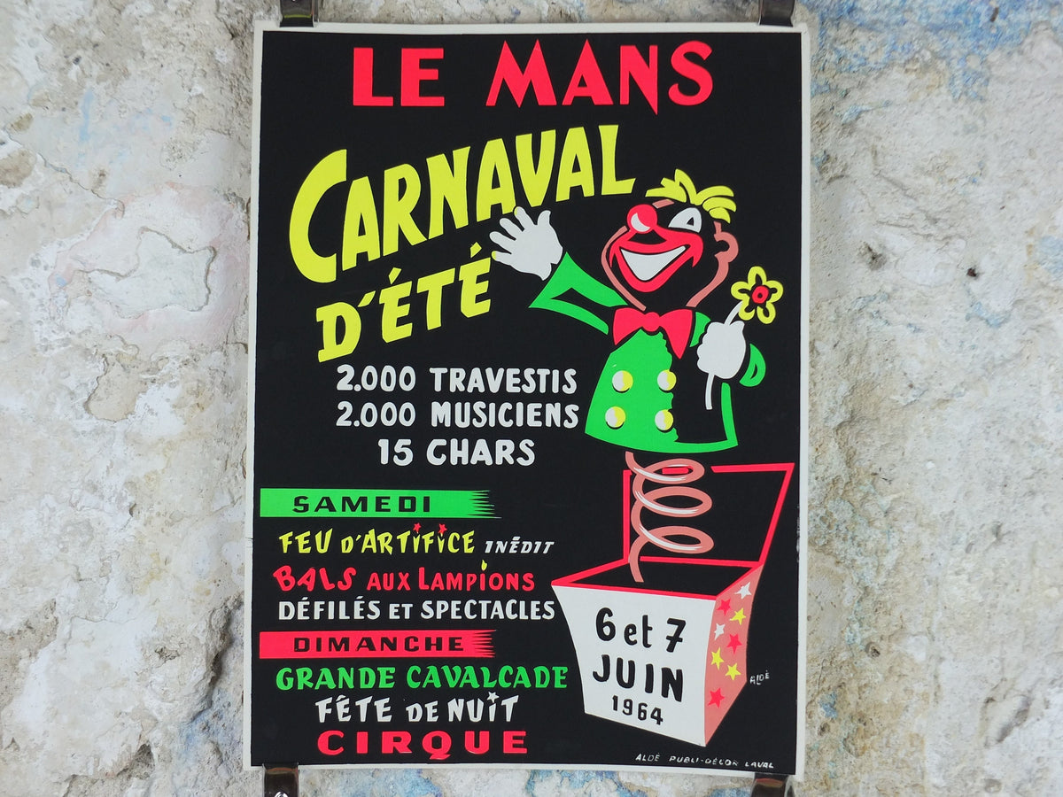 1964 Le Mans Carnival Poster, luminous Jack-in-a-box, glow in the dark, by Aloe, Circus entertainment, Cirque Carnaval, retro wall art decor