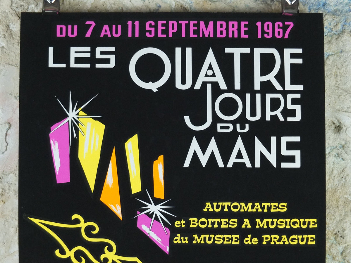 1967 Fourth day of Le Mans Poster, luminous flute musician, glow in the dark, by Aloe, agriculture, industrial, retro wall art decor