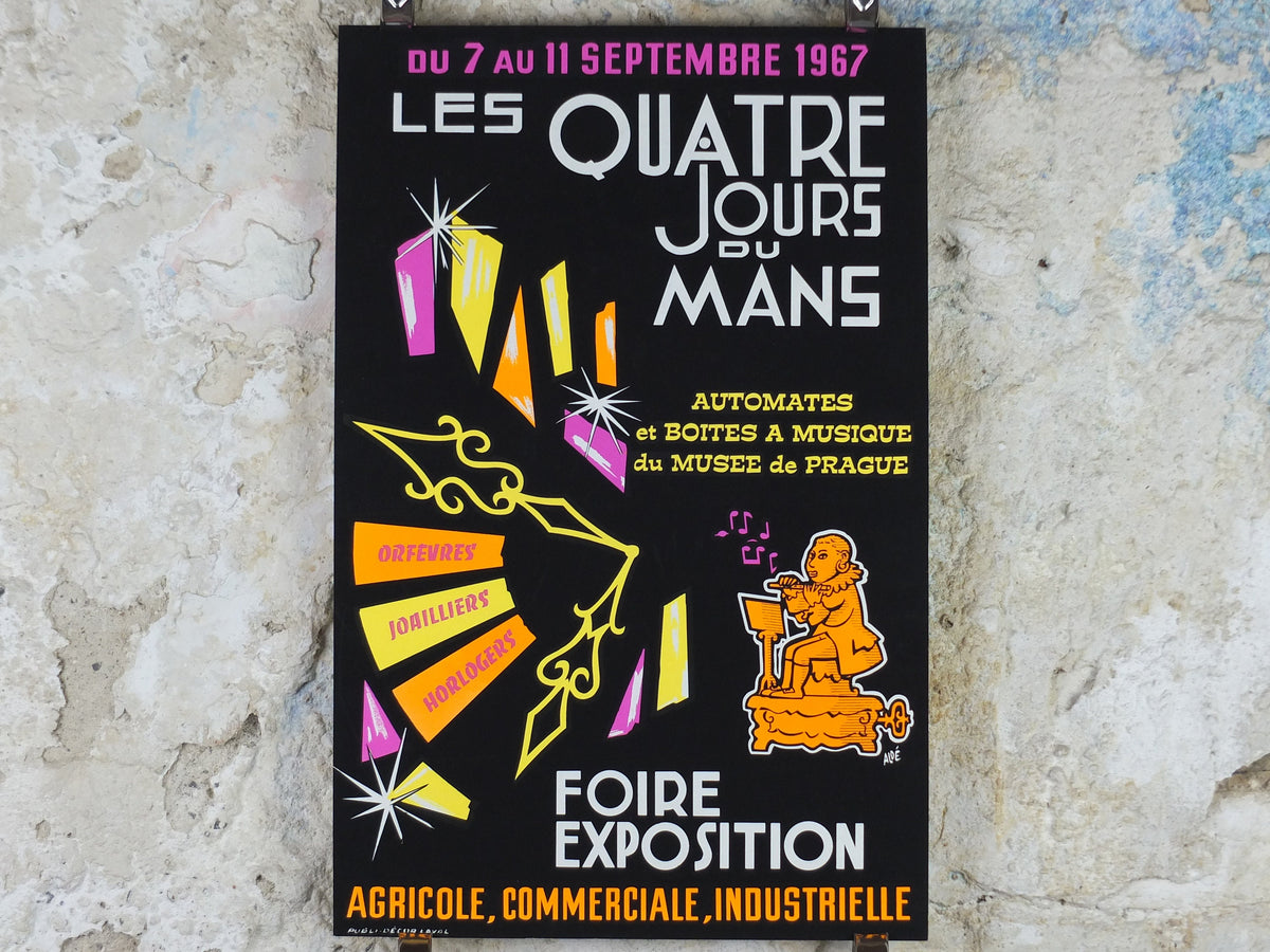 1967 Fourth day of Le Mans Poster, luminous flute musician, glow in the dark, by Aloe, agriculture, industrial, retro wall art decor