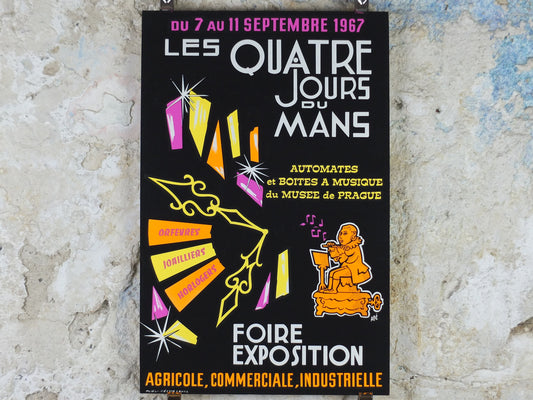 1967 Fourth day of Le Mans Poster, luminous flute musician, glow in the dark, by Aloe, agriculture, industrial, retro wall art decor