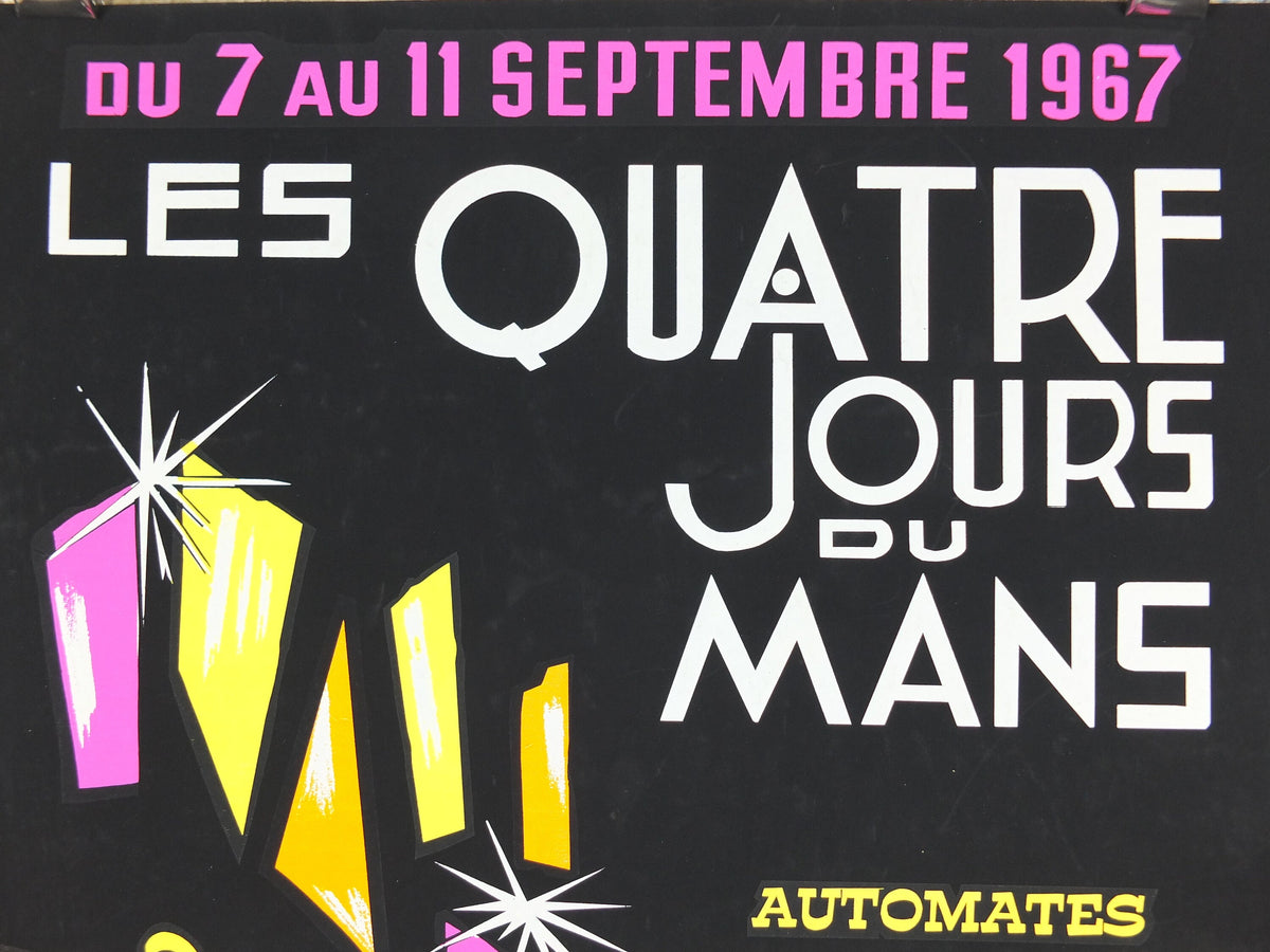 1967 Fourth day of Le Mans Poster, luminous flute musician, glow in the dark, by Aloe, agriculture, industrial, retro wall art decor