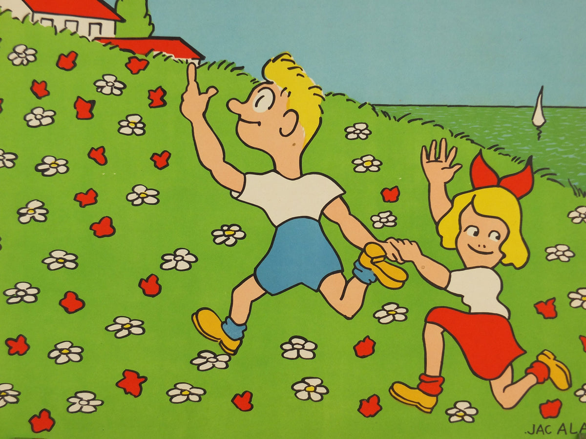 1953 Children on Holiday Poster, bright and colourful French art for the "Grand Boulevards Week, for children's vacations, wall art decor