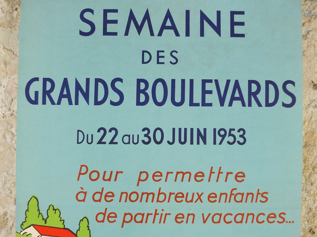 1953 Children on Holiday Poster, bright and colourful French art for the "Grand Boulevards Week, for children's vacations, wall art decor