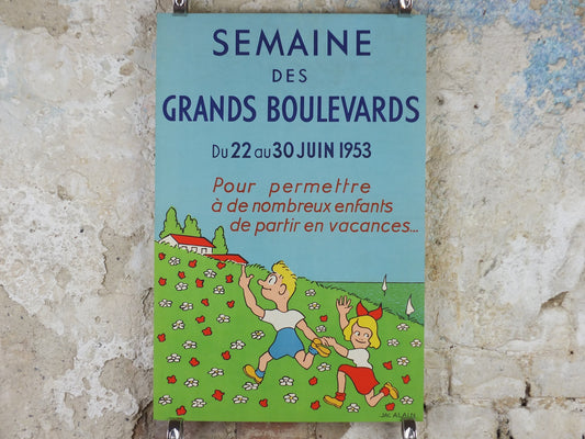 1953 Children on Holiday Poster, bright and colourful French art for the "Grand Boulevards Week, for children's vacations, wall art decor