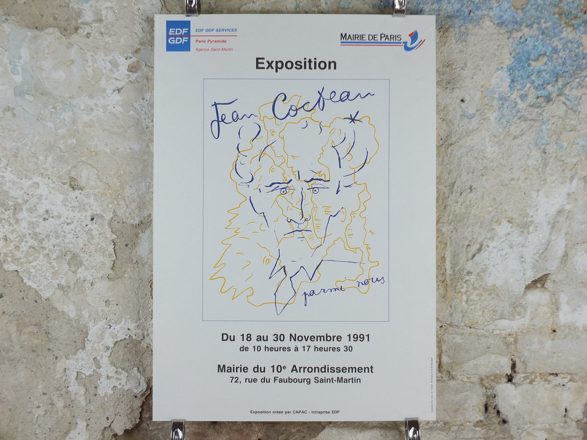 1991 Jean Cocteau Poster, Parmi Nous, Portrait Face Profile, Mairie de Paris, surrealist avant-garde Dada, gallery exhibition wall art decor