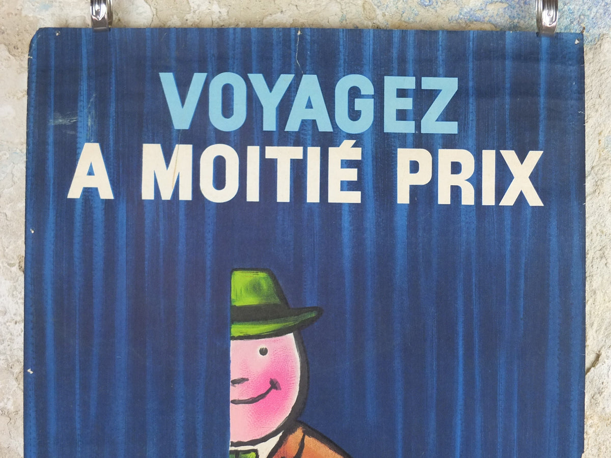 SNCF Savignac Poster, 1964 Original French National Railways, Half Price Fare Journeys, advertising wall art retro decor