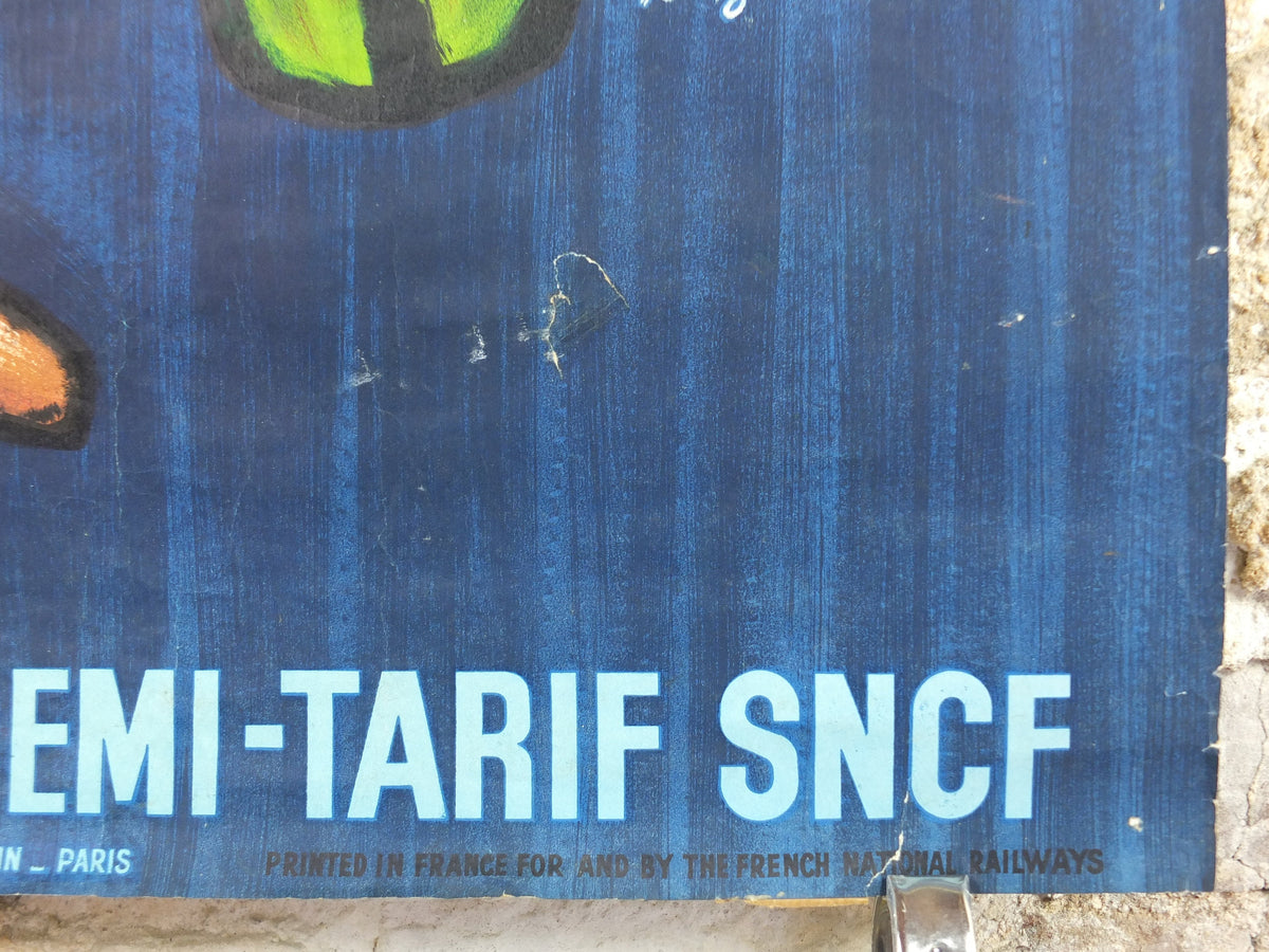 SNCF Savignac Poster, 1964 Original French National Railways, Half Price Fare Journeys, advertising wall art retro decor