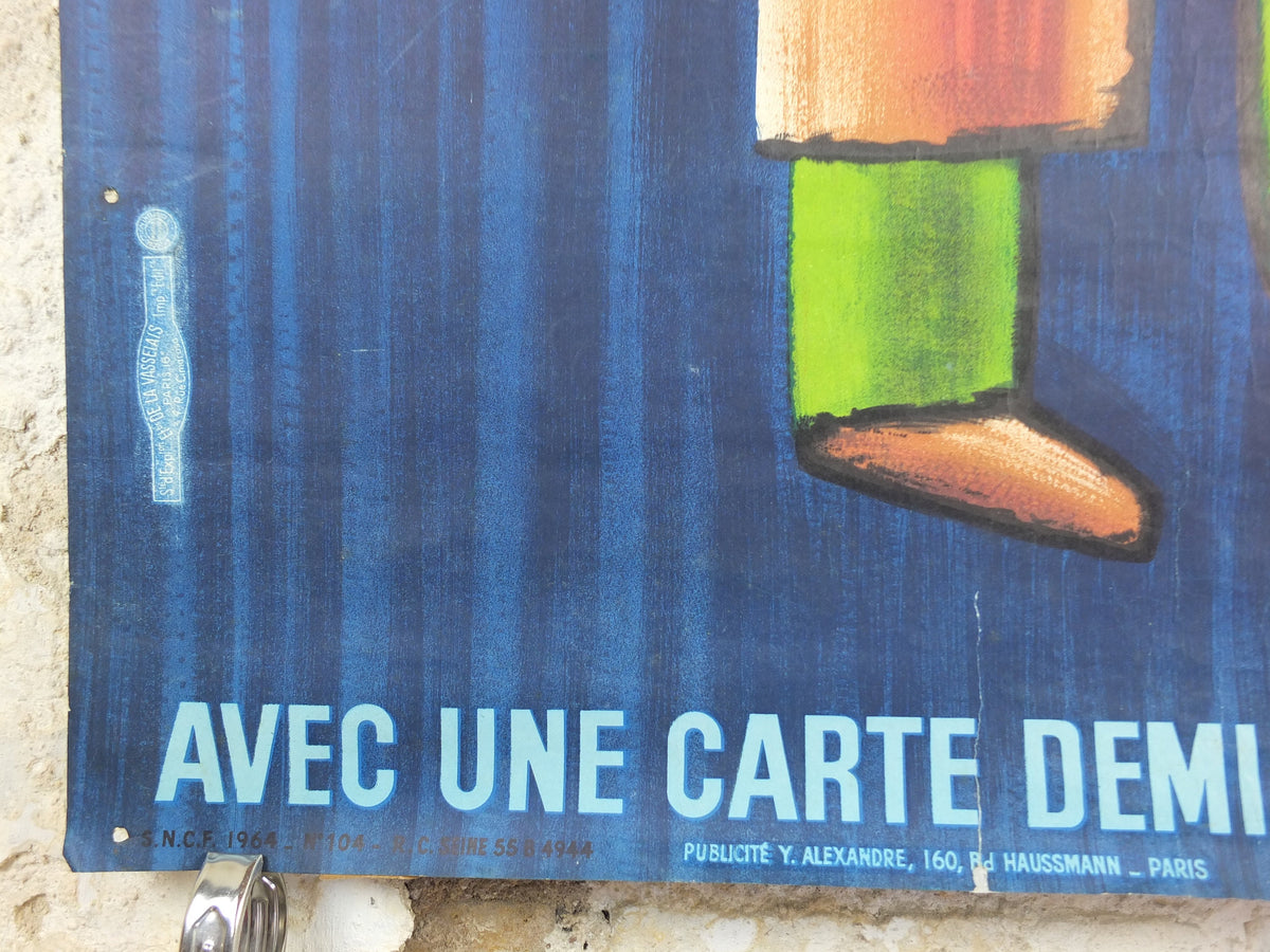 SNCF Savignac Poster, 1964 Original French National Railways, Half Price Fare Journeys, advertising wall art retro decor