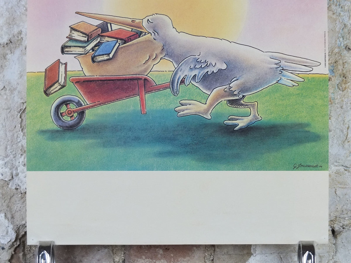 1979 Children's book exhibition Poster, pelican with books in bill and wheelbarrow by Gerard Jouannet, wall art decor