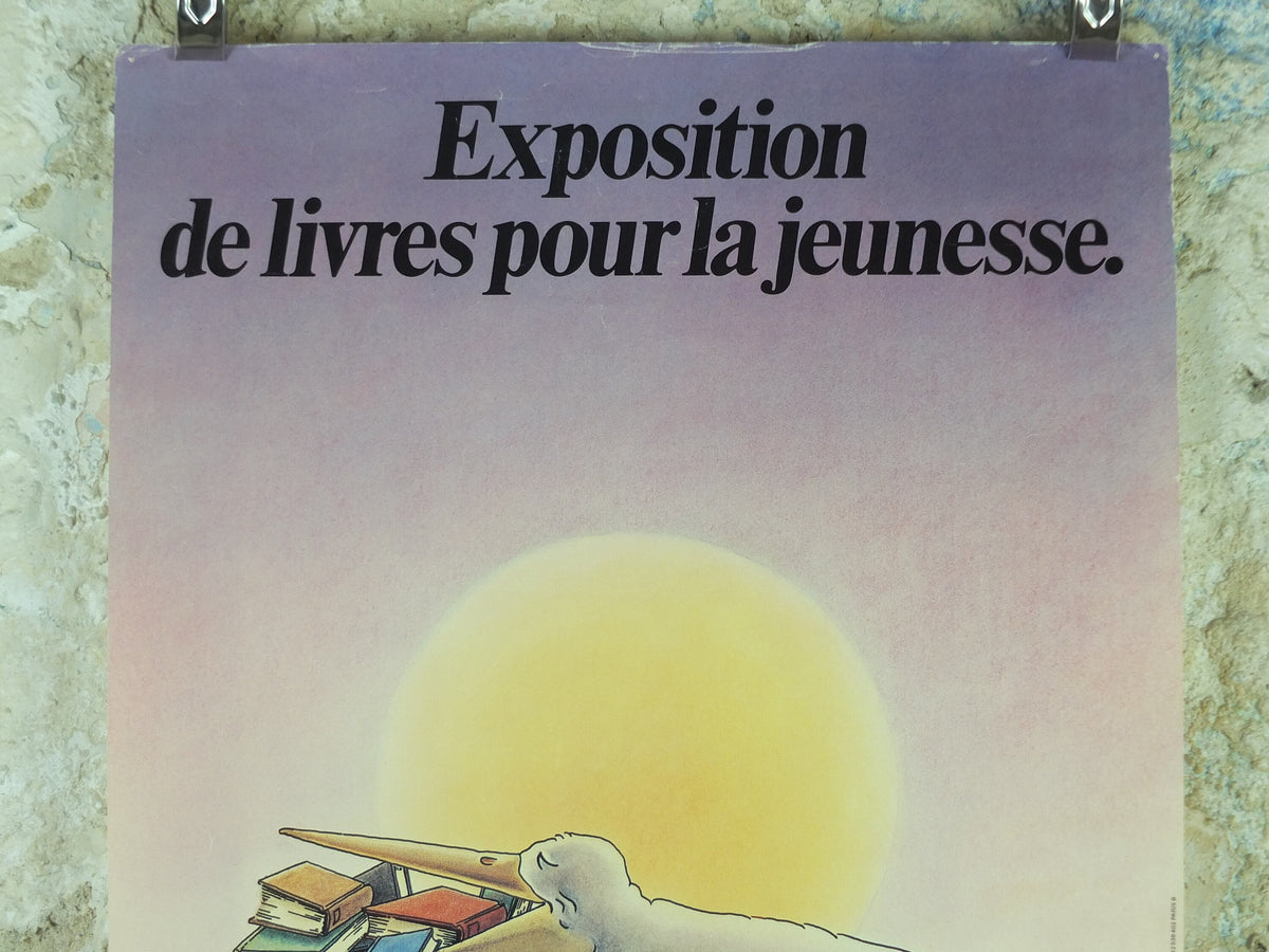 1979 Children's book exhibition Poster, pelican with books in bill and wheelbarrow by Gerard Jouannet, wall art decor