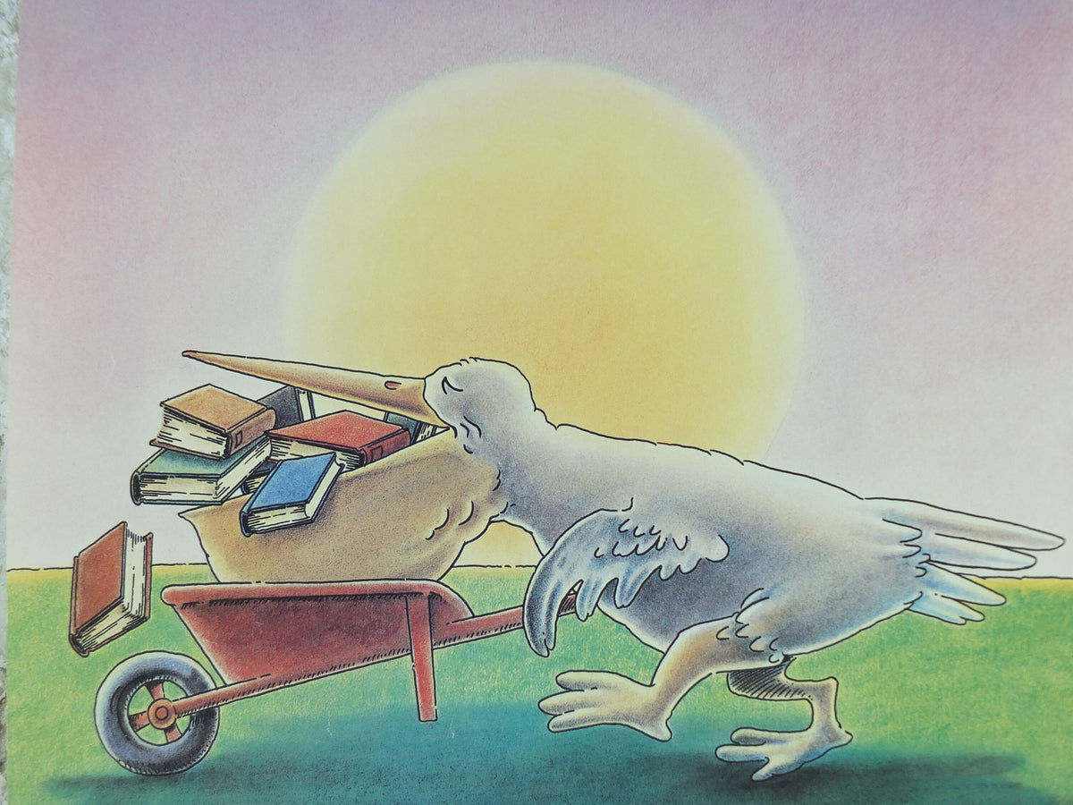 1979 Children's book exhibition Poster, pelican with books in bill and wheelbarrow by Gerard Jouannet, wall art decor