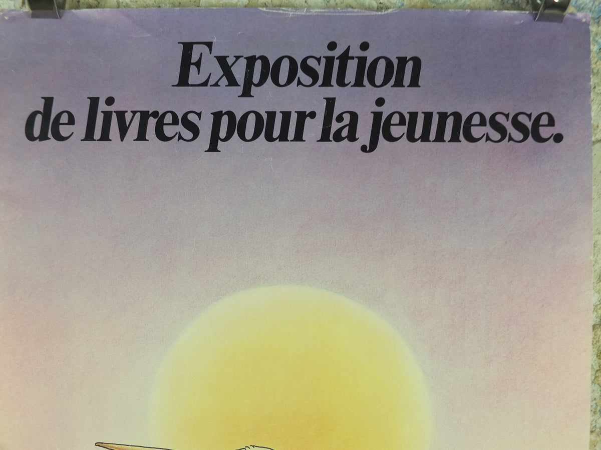 1979 Children's book exhibition Poster, pelican with books in bill and wheelbarrow by Gerard Jouannet, wall art decor