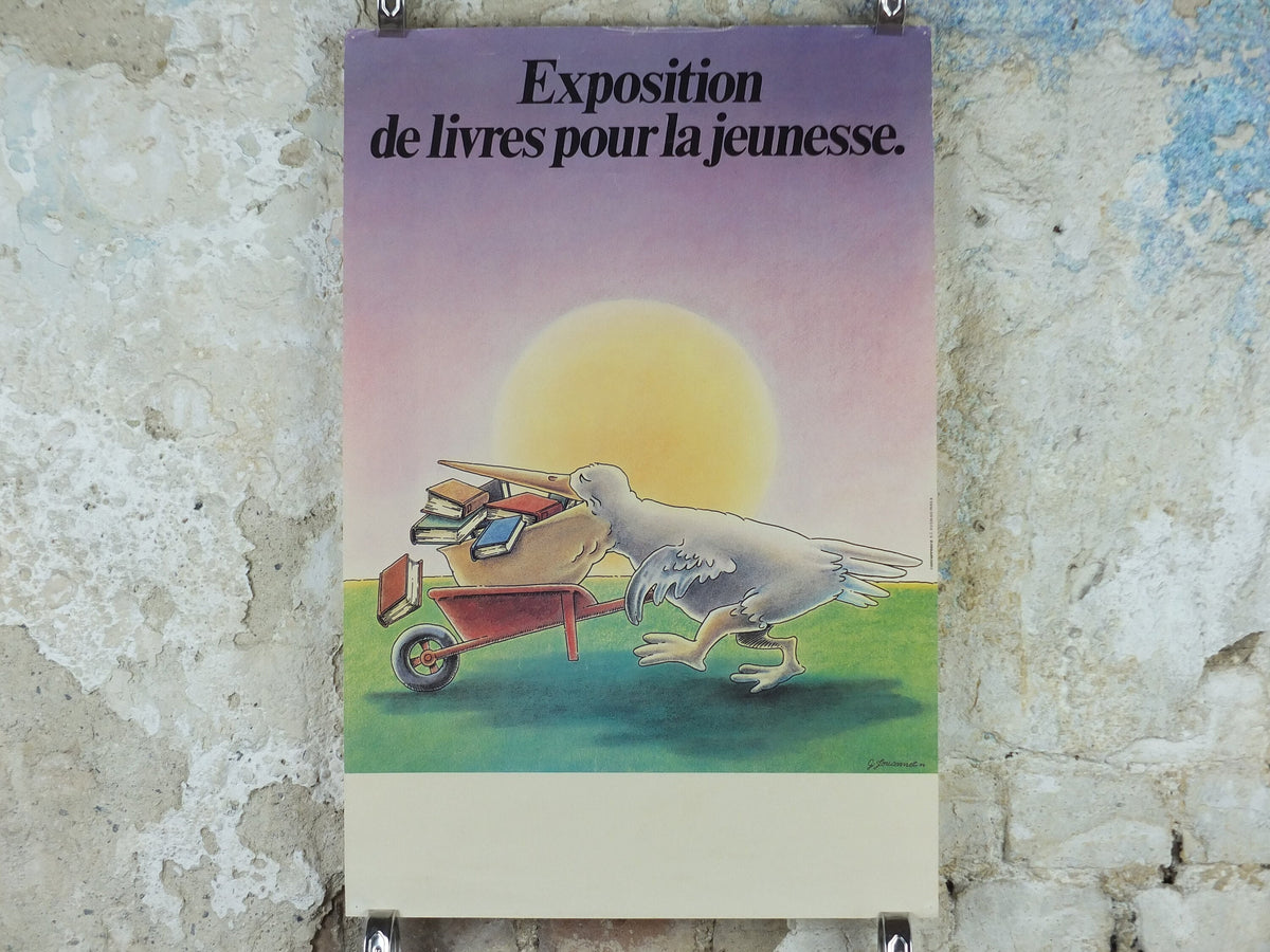 1979 Children's book exhibition Poster, pelican with books in bill and wheelbarrow by Gerard Jouannet, wall art decor